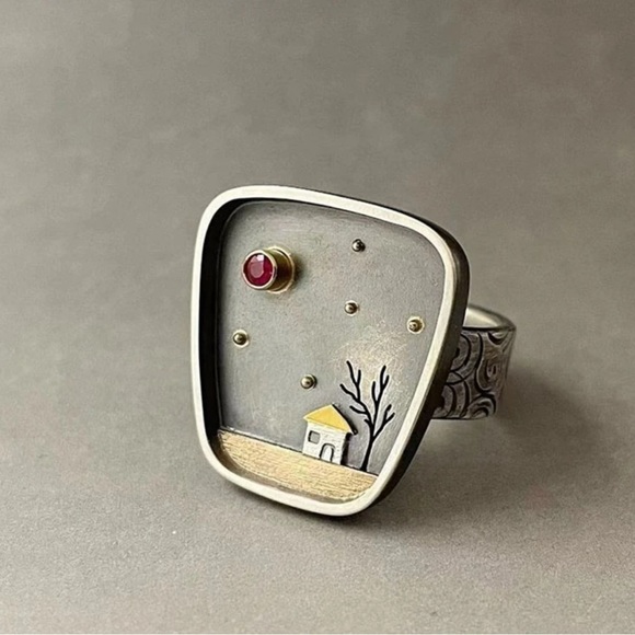 2/$30🌵 Antiqued Silver House Under The Stars And Sky Ring Rustic Boho NEW Sz 8 - Picture 3 of 11
